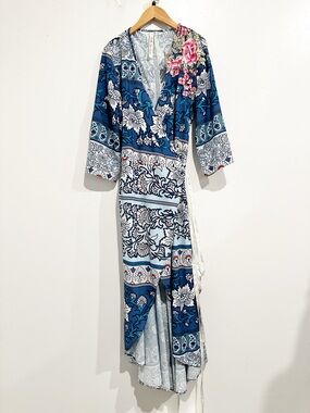 Aratta Silent Journey Blue Floral Wrap Dress Size Large